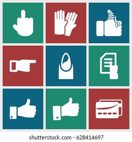 Finger icons set. set of 9 finger filled icons such as glove, nail, pointing, pointing on document, thumb up