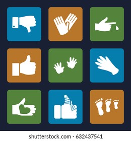 Finger icons set. set of 9 finger filled icons such as baby hands, gloves, hand with heart, dislike, injured finger, thumbs up
