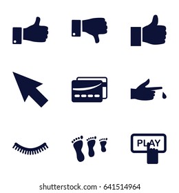 Finger icons set. set of 9 finger filled icons such as eyelash, thumb up, dislike, card, thumbs up, pointer