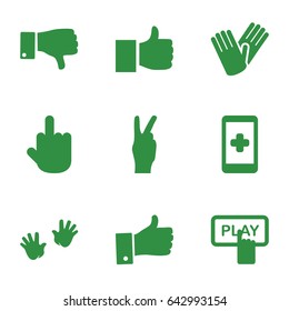 Finger icons set. set of 9 finger filled icons such as baby hands, gloves, dislike, thumb up, peace, hand on smartphone