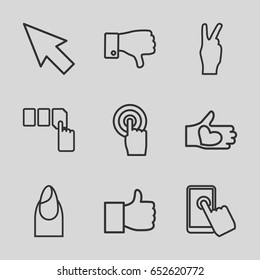 Finger icons set. set of 9 finger outline icons such as nail, push button, hand with heart, touchscreen, dislike, pointer, like