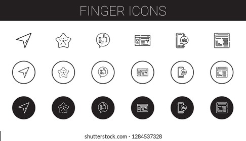 finger icons set. Collection of finger with cursor, starfish, like, website, social media. Editable and scalable finger icons.