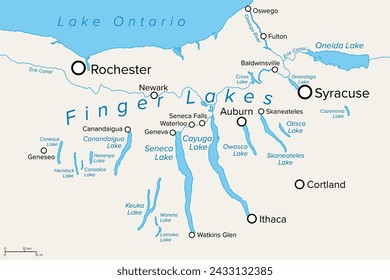 Finger Lakes region in New York State, in the United States, political map, with most important cities. Group of eleven long, narrow, roughly south-north lakes, located directly south of Lake Ontario.