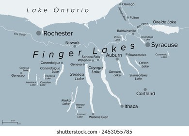 Finger Lakes region in New York State, United States, gray political map, with most important cities. Group of eleven long, narrow, roughly south-north lakes, located directly south of Lake Ontario.