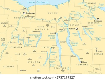 Finger Lakes region in the US state of New York, political map. Group of eleven long, narrow lakes. The major Finger Lakes are Seneca, Cayuga, Skaneateles, Owasco, Keuka, and Canandaigua. Vector