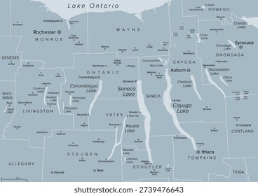 Finger Lakes region in the US state of New York, gray political map. Group of eleven long, narrow lakes. The major Finger Lakes are Seneca, Cayuga, Skaneateles, Owasco, Keuka, and Canandaigua. Vector