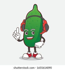 Finger Lime Fruit cartoon mascot character speaking on a headphone