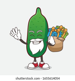 Finger Lime Fruit cartoon santa mascot character having a sack of gifts