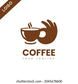 Finger Logo Coffee Cups Holding the "Okay" Symbol. Unique, Funny, and Attractive Logo. This Logo Can Be Used For Beverage Brands, Coffee Shops, And Coffee or Tea Companies.