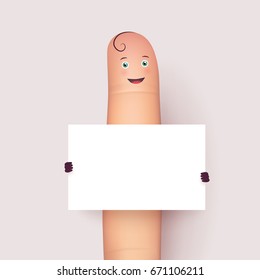 Finger man holding blank paper. Empty sheet for text and advertisement, female dating ads from single. Flat style vector realistic illustration