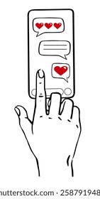 a finger moves across the smartphone screen in a social application for communication, text messages and hearts, likes are visible