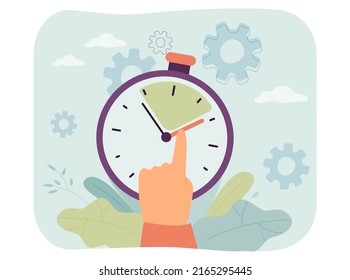 Finger moving hand of timer to control time interval. Man organizing work with stopwatch flat vector illustration. Punctuality, deadline concept for banner, website design or landing web page