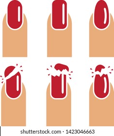 finger, nail, fingernail, manicure, nail polish and broken nails vector icon set color