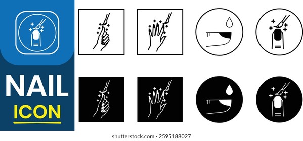 Finger nail vector symbol. Finger with nail icon set. Painting, polishing, nail brush, female beautiful nail art, gel, polish, care sign. Vector illustration. 