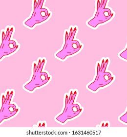 Finger OK hand sign symbol seamless pattern. Pink background. Cute expression gesture vector wallpaper.