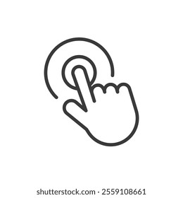 Finger on the button, icon in line design. Finger, button, press, hand, click, select, gesture on white background vector. Finger on the button, icon in line design editable stroke icon