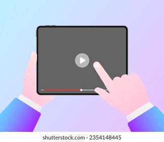 Finger on the play button. Flat, color, watching video on the tablet, play button, tablet in hand. Vector illustration