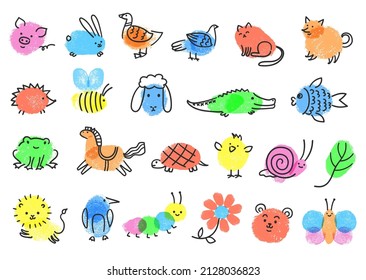 Finger Paint Art Game For Kids, Easy Fingerprint Animals. Childish Drawing With Fingerprints, Fun Educational Children Activity Vector Set. Animal Finger Art, Hobby Fingerprint Illustration