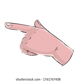 Finger of a palm points somewhere or tries to push something, cartoon illustration, isolated object on a white background, vector illustration, eps