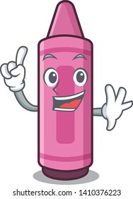 Finger pink crayon above cartoon school book