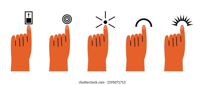 Finger point out on different signs. Hands indicate slider, click, turn knob and press. Modern simple isolated arm vector icons, abstract gestures