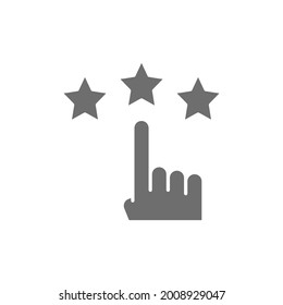Finger point to stars, customer review, feedback grey icon.