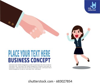 Finger point to successful business woman.
Concept of accepted businesspeople.
Vector flat cartoon design illustration.
Isolated on white background.