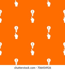 A finger pointer and light bulb pattern repeat seamless in orange color for any design. Vector geometric illustration