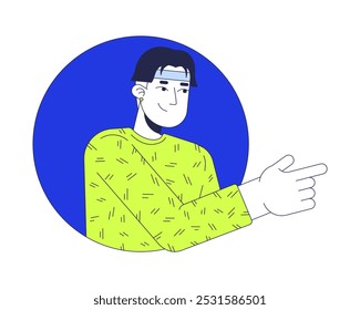 Finger pointing asian man in circle frame 2D cartoon character. Stylish male choosing. Modern korean guy showing direction isolated person flat vector on white background. Spot illustration colorful