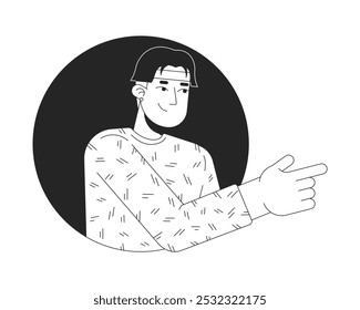 Dedo señalando al hombre asiático en el marco del círculo carácter de línea 2D blanco y negro. Elegante elección masculina. Chico coreano moderno que muestra la persona aislada del contorno del Vector de la dirección. Ilustración de punto monocromático
