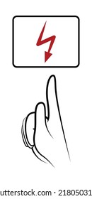 A finger pointing to a button that warns of danger. Caution - danger! Hand with index finger pointing up. Hazard sign in a rounded rectangle. Cartoon graphics.