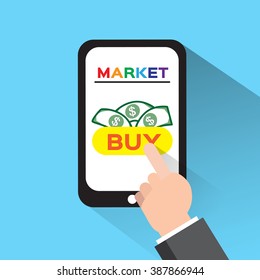 Finger pointing to buy on a tablet - vector illustration