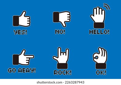 Finger pointing cartoon hand gesture collection with pixel tone words gesture line art vector icon