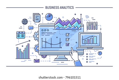 Finger pointing at computer display with different diagrams, charts and graphs. Concept of statistical data analysis, financial statistics and analytics. Modern vector illustration in line art style.