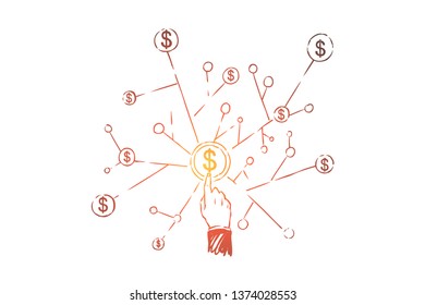 Finger pointing at dollar symbol, dynamic structure, money management, stock market trading, business network. Banking system, financial literacy concept sketch. Hand drawn vector illustration