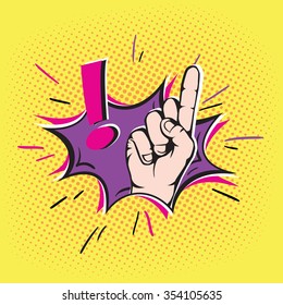 Finger pointing up with exclamation sign.Pop art style. Eps 8