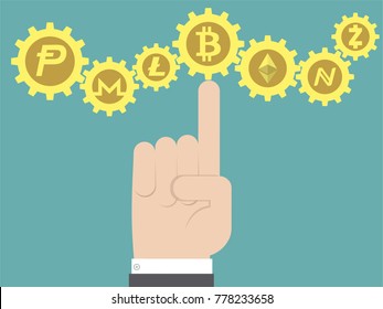 Finger pointing a gear with bitcoin inside within a chain of cryptocurrency