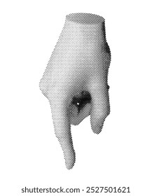 Finger pointing gesture. Index finger, pointer indicating down. Halftone old style vector isolated on white background.