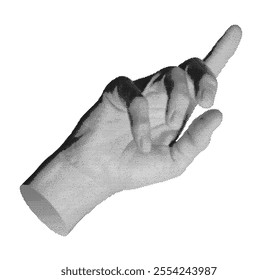 Finger pointing gesture, touching, showing. Index finger, pointer indicating, choose. Hand sign, isolated on white background. Halftone dotted retro style vector