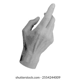 Finger pointing gesture, touching, showing. Index finger, pointer indicating aside, to right side. isolated on white background. Halftone dotted retro style vector