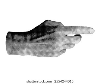 Finger pointing gesture, touching, showing. Index finger, pointer indicating aside, to right side. isolated on white background. Halftone dotted retro style vector