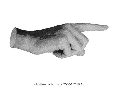 Finger pointing gesture, touching, showing. Index finger, pointer indicating aside, to right side. isolated on white background. Halftone dotted retro style vector