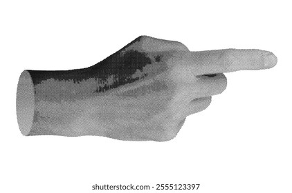 Finger pointing gesture, touching, showing. Index finger, pointer indicating aside, to right side. isolated on white background. Halftone dotted retro style vector