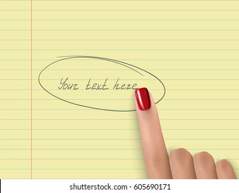 Finger pointing. Gesture up. Finger point on yellow notebook paper. Realistic female hand with red nails. Vector illustration for web design, education or business creative projects.