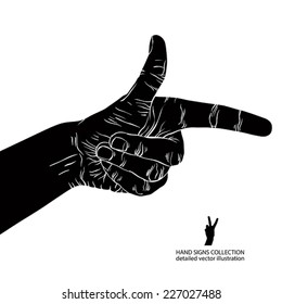 Finger pointing hand, detailed black and white vector illustration, hand sign.