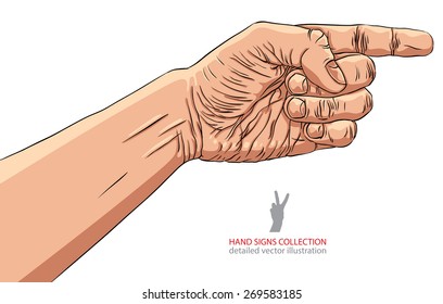 Finger pointing hand, detailed vector illustration, hand sign.