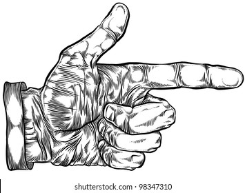 Finger pointing hand etching vintage style vector illustration.