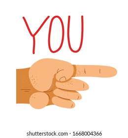 Finger pointing hand with You word vector illustration, hey you, we need you, hiring employee, social request.