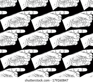 Finger pointing hands seamless pattern, black and white vector background for wallpapers, textile or other designs.