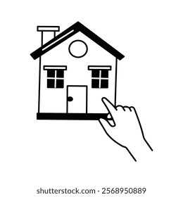 Finger pointing at a house, symbolizing house selection or choice